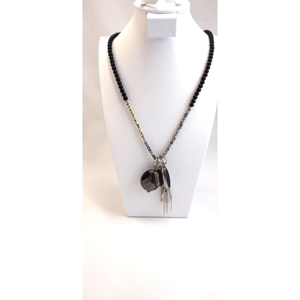 Statement Necklace Pendants Black Beads Golden and Clear Faceted Beads Stretch